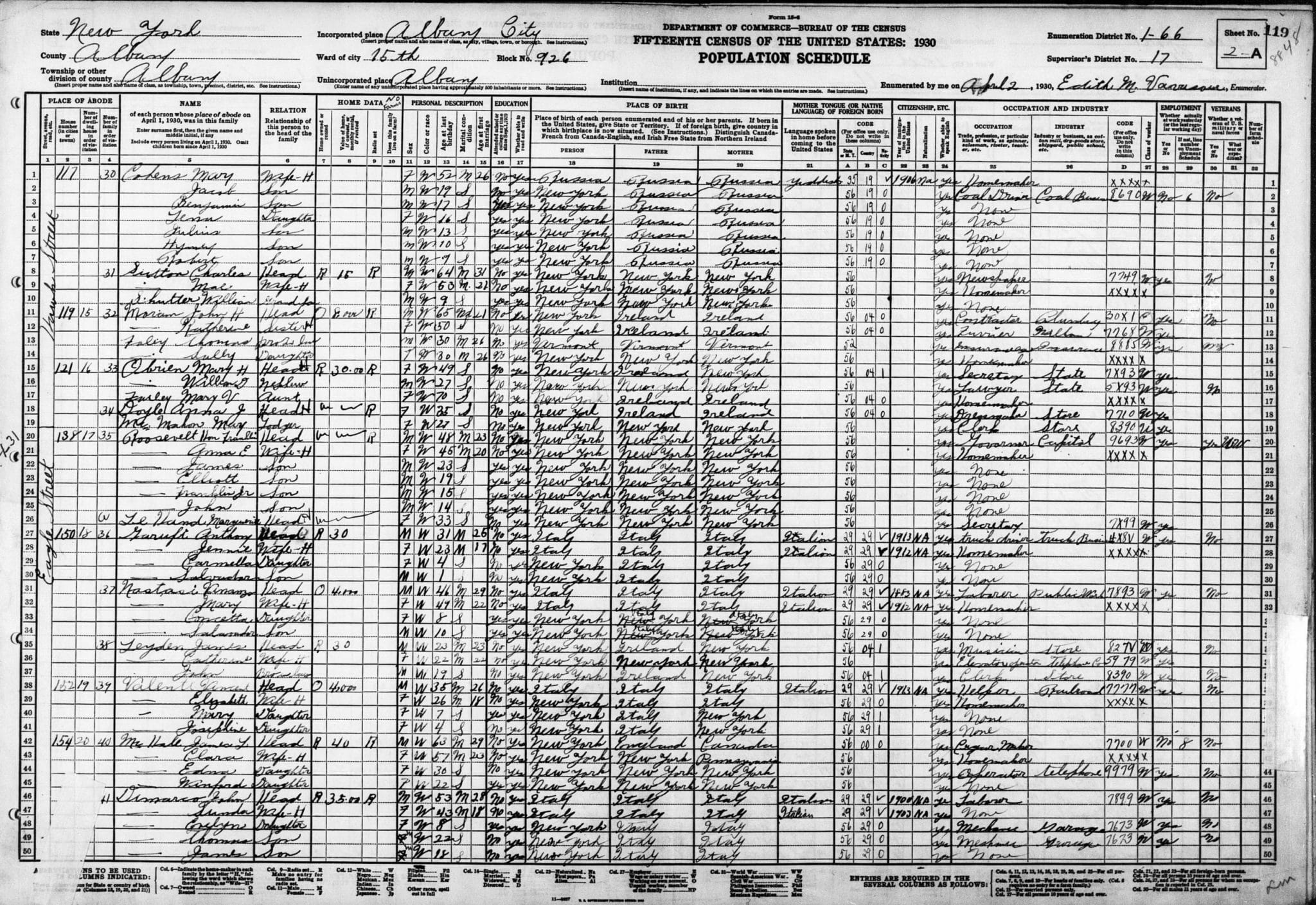 1930 U.S. Census record of FDR [Credit: MyHeritage 1930 United States Federal Census]